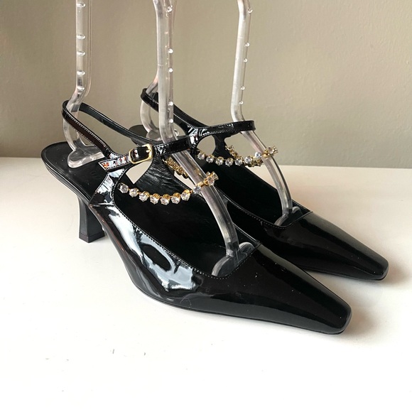 KHAITE Shoes - KHAITE Black Patent Leather Crystal Strap Heels Sandals Made Italy Size 40.5